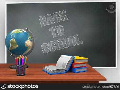3d illustration of blackboard with back to school text and books. 3d blackboard