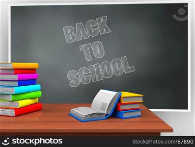 3d illustration of blackboard with back to school text and books. 3d teacher desk