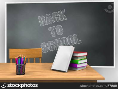 3d illustration of blackboard with back to school text and books stack. 3d blank