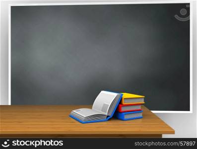3d illustration of blackboard with books and. 3d blank