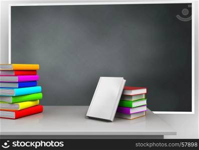 3d illustration of blackboard with books stack and pile of literature. 3d blank