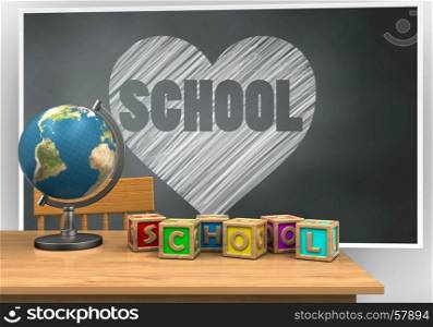 3d illustration of blackboard with heart and school text and letters cubes. 3d letters cubes