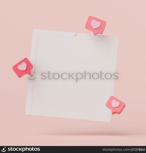 3d illustration of blank photo frame with heart bubble speech