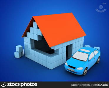 3d illustration of block house over blue background with car. 3d block house