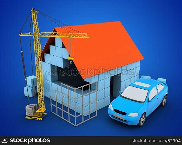 3d illustration of block house over blue background with car and construction site. 3d car