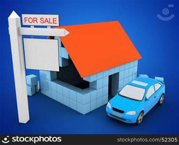 3d illustration of block house over blue background with car and sale sign. 3d car