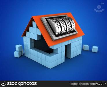 3d illustration of block house over blue background with code lock dial. 3d code lock dial