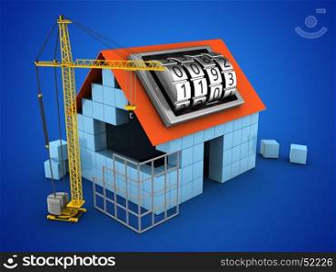 3d illustration of block house over blue background with code lock dial and construction site. 3d code lock dial