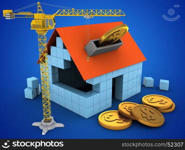 3d illustration of block house over blue background with coins and crane. 3d crane