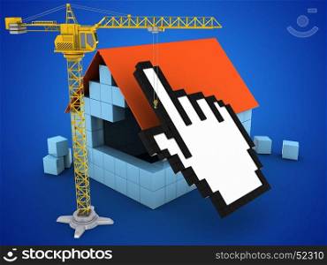 3d illustration of block house over blue background with cursor and crane. 3d cursor
