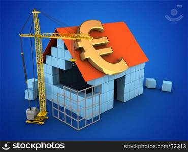 3d illustration of block house over blue background with euro sign and construction site. 3d euro sign