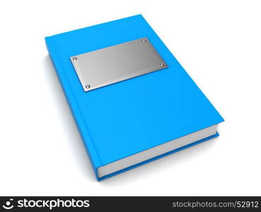 3d illustration of blue book with metal plate on cover