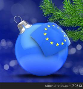 3d illustration of blue Christmas ball over bokeh blue background with European flag and christmas tree branch