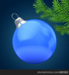 3d illustration of blue Christmas ball over dark blue background with christmas tree branch