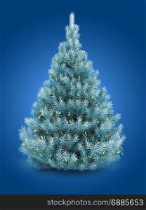 3d illustration of blue Christmas tree over blue background with lights