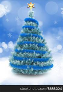 3d illustration of blue Christmas tree over snow background with blue tinslel and golden star