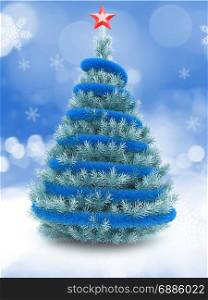 3d illustration of blue Christmas tree over snow background with blue tinslel and red star