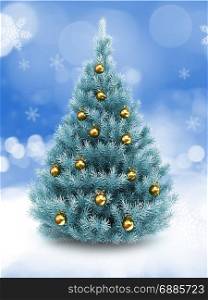3d illustration of blue Christmas tree over snow background with golden balls