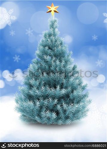 3d illustration of blue Christmas tree over snow background with golden star