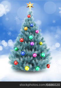 3d illustration of blue Christmas tree over snow background with golden star and colorful balls