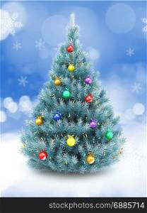 3d illustration of blue Christmas tree over snow background with lights and glass balls