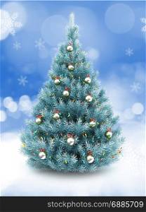 3d illustration of blue Christmas tree over snow background with lights and metallic balls