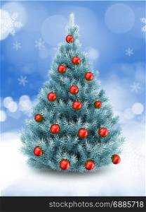 3d illustration of blue Christmas tree over snow background with red balls