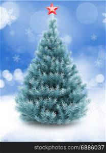 3d illustration of blue Christmas tree over snow background with red star