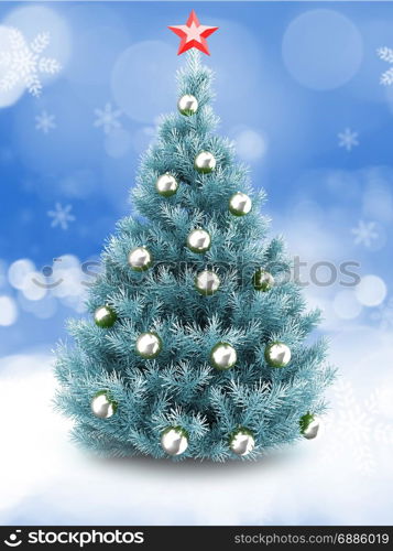 3d illustration of blue Christmas tree over snow background with red star and silver balls