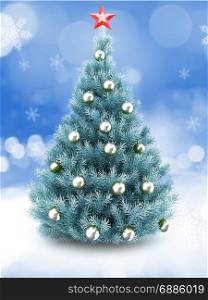 3d illustration of blue Christmas tree over snow background with red star and silver balls