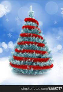 3d illustration of blue Christmas tree over snow background with red tinsel