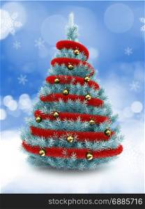 3d illustration of blue Christmas tree over snow background with red tinsel and golden balls
