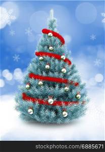3d illustration of blue Christmas tree over snow background with red tinsel and metallic balls