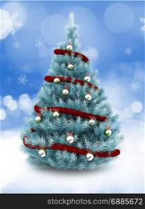3d illustration of blue Christmas tree over snow background with red tinsel and metallic balls