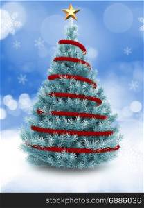 3d illustration of blue Christmas tree over snow background with red tinsel and star