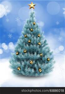 3d illustration of blue Christmas tree over snow background with star and golden balls