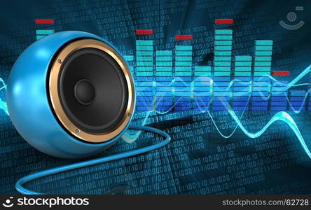 3d illustration of blue sound speaker over sound wave digital background. 3d blue sound speaker blue sound speaker