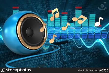 3d illustration of blue sound speaker over sound wave digital background with notes. 3d spectrum blue sound speaker