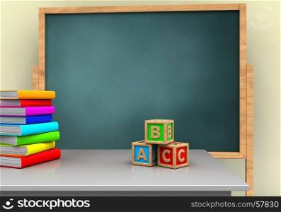 3d illustration of board with abc cubes and pile of literature. 3d blank