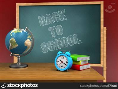 3d illustration of board with back to school text and alarm clock. 3d desktop