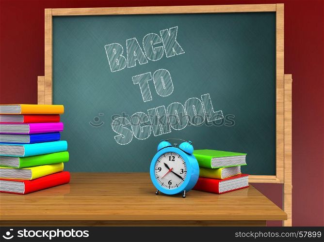 3d illustration of board with back to school text and alarm clock. 3d pile of literature