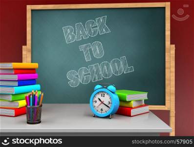 3d illustration of board with back to school text and alarm clock. 3d pile of literature