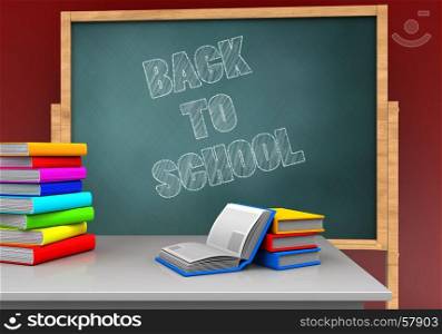 3d illustration of board with back to school text and books. 3d pile of literature
