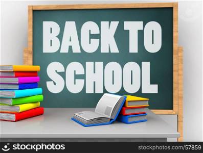 3d illustration of board with back to school text and books. 3d white desk