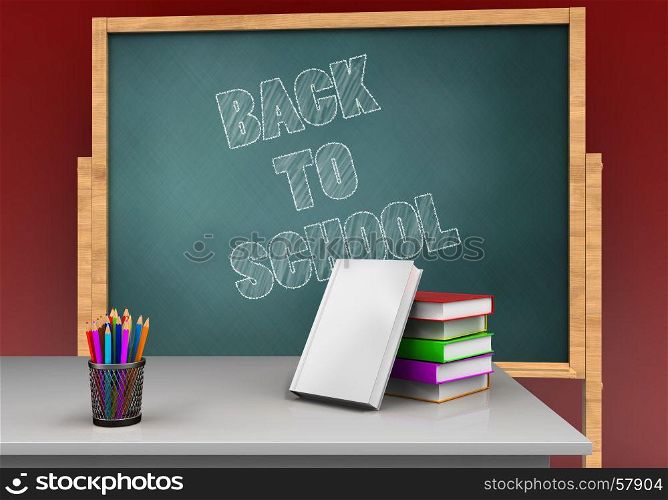 3d illustration of board with back to school text and books stack. 3d books stack