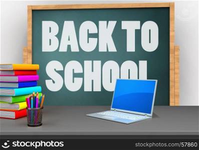 3d illustration of board with back to school text and computer. 3d gray table