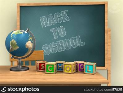 3d illustration of board with back to school text and letters cubes. 3d blank