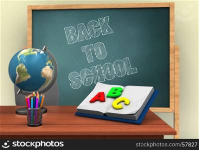 3d illustration of board with back to school text and opened textbook. 3d pencils