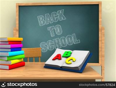 3d illustration of board with back to school text and opened textbook. 3d back to school