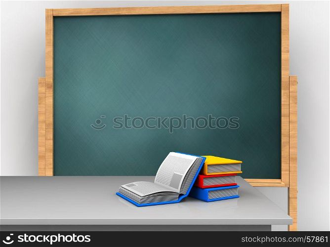 3d illustration of board with books and. 3d white desk